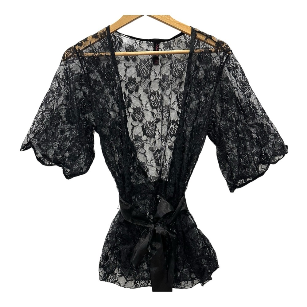 Dream‎ girl Womens Black Lace Robe Unconventional Sheer Lace Jacket Satin Belt
